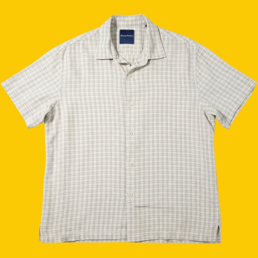Tommy Bahama Silk Shirt Mens XL Cream Windowpane Plaid Casual Vacation Top